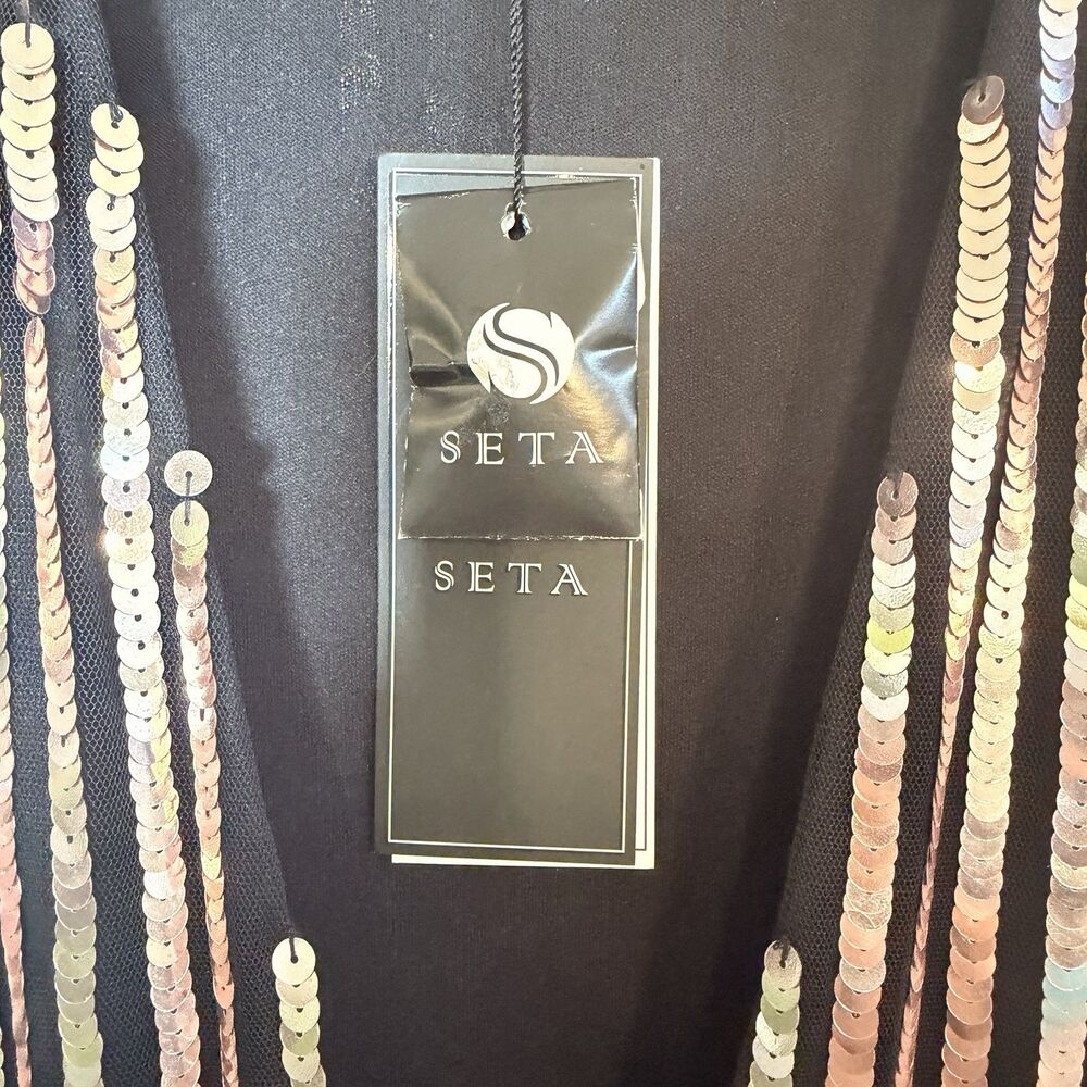 SETA Sarkisian Dress Small NWT Black Gold Sequin Embellished Deep V Maxi Gown - Picture 9 of 16